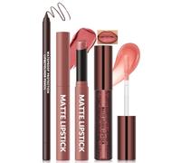 Noerrors 3PCS Matte Liquid Lipstick Lip Gloss & Liner Kit, All-In-One Lips Combo Trio Set, Velvety Tinted Nude Pink Lipstick Balm, Waterproof Brown Coral Lip Gloss For Plumping Effect Makeup #02