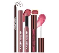 Noerrors 3PCS Matte Liquid Lipstick Lip Gloss & Liner Kit, All-In-One Lips Combo Trio Set, Velvety Tinted Mauve Rose Lipstick Balm, Waterproof Plum Berry Lip Gloss For Plumping Effect Makeup #01
