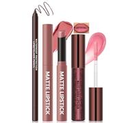 Noerrors 3PCS Matte Liquid Lipstick Lip Gloss & Liner Kit, All-In-One Lips Combo Trio Set, Velvety Tinted Dusty Rose Pink Lipstick Balm, Waterproof Bright Pink Lip Gloss For Plumping Effect Makeup #04