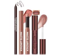 Noerrors 3PCS Matte Liquid Lipstick Lip Gloss & Liner Kit, All-In-One Lips Combo Trio Set, Velvety Tinted Nude Lipstick Balm, Waterproof Chocolate Brown Mauve Lip Gloss For Plumping Effect Makeup #05