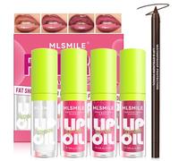 Noerrors 4 Colors Lip Oil and Lip Liner Set, Long Lasting Shiny Glow Plumping Lip Care Oil, Big Brush Head Moisturizing Clear Pink Glitter Transparent Lip Gloss Combo Makeup for Women