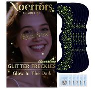Noerrors 6pcs Glow in the Dark Glitter Freckles Face Tattoo Sticker, Neon Fluorescent UV Nightglow Sparkle Gold Star Temporary Fake Faux Freckle Patches Makeup Festival Accessories for Party Supplies