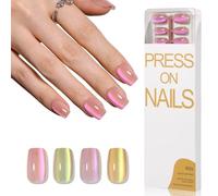 Noerrors Cat Eye Aurora Chrome False Nail Medium Short Square Chameleon Mermaid Coffin Fake Nails 4 Colors Rose Red Purple Gold Yellow Press on Nail Glossy Reusable Glue on Nails Set 120Pcs