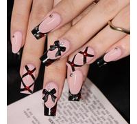 Noerrors Medium Long French Tip Press on Nails Goth Black French Fake Nails with Bow Charm Pearl Squoval Designs 3D Cute Red Gems False Glossy Dark Style Glue on Nails Kit 34Pcs for DIY Nail Art