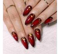 Noerrors Short Almond False Nails Red Black with Gold Foil Designs Press on Nails Goth Color Changing Ombre Vampire Gold Sequins Fake Glue on Acrylic Nails for Women Manicure 24Pcs