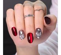 Noerrors Short Oval Press on Nails Red Magnet Cat Eye False Nails with Silver Shape Sparkling Rhinestones Glossy Cat Eye Fake Christmas Aurora Gel on Nails Kit 30Pcs DIY Art for Women Girls