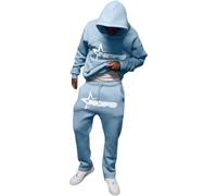 NOFS Men's Y2K Tracksuit - Hoodie & Jogging Bottoms Set, Letter Print Sports Suit Casual Long Sleeve Trousers Sportswear Fashion Hoodie Suit, Warm Streetwear for Sports Jogging Gym (Light Blue, L)