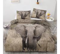 NOGAWA African Elephant Bedding Double - Wild Animal Double Duvet Set - Reversible Quilt Cover & 2 Pillowcases with Zip and Ties, Ultra Soft and Non Iron Brushed Microfibre Bed Set