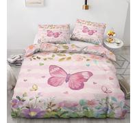 NOGAWA Butterfly Bedding Double - Girls Pink Double Duvet Set - Reversible Quilt Cover & 2 Pillowcases with Zip and Ties, Ultra Soft and Non Iron Brushed Microfibre Bed Set