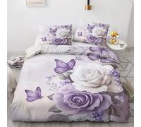 NOGAWA Butterfly Flower King Size Duvet Cover Sets - Purple White Floral Bedding King - Reversible Quilt Cover & 2 Pillowcases with Zip and Ties, Ultra Soft and Non Iron Brushed Microfibre Bed Set