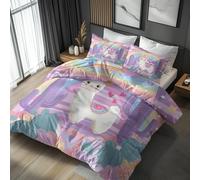 NOGAWA Cartoon Llama Super King Duvet Cover - Cute Rainbow Bedding Set - Reversible Quilt Cover & 2 Pillowcases with Zip and Ties, Ultra Soft and Non Iron Brushed Microfibre Bed Set 260 x 220
