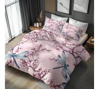 NOGAWA Dragonfly Cherry Blossom Bedding Double - Pink Floral Duvet Cover Double, Reversible Quilt Cover & 2 Pillowcases with Zip and Ties, Ultra Soft and Breathable Brushed Microfibre Bed Set