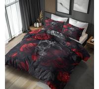 NOGAWA Gothic Skull Bedding Super King - Red Rose Duvet Cover, Reversible Quilt Cover & 2 Pillowcases with Zip and Ties, Ultra Soft and Breathable Brushed Microfibre Bed Set