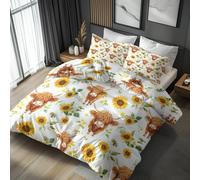 NOGAWA Highland Cow Bedding Double - Sunflower Duvet Cover Double, Reversible Quilt Cover & 2 Pillowcases with Zip and Ties, Ultra Soft and Breathable Brushed Microfibre Bed Set
