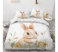 NOGAWA Rabbit Single Duvet Cover Set - Cute Bunny Bedding Set - Reversible Quilt Cover & 1 Pillowcase with Zip and Ties, Soft and Non Iron Brushed Microfibre Bed Set 135 x 200cm