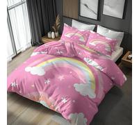 NOGAWA Rainbow Bedding Double - Pink Cartoon Duvet Cover Double, Reversible Quilt Cover & 2 Pillowcases with Zip and Ties, Ultra Soft and Breathable Brushed Microfibre Bed Set