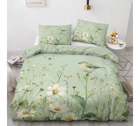 NOGAWA Wildflower Bird Double Duvet Set - Sage Green Floral Bedding Set - Reversible Quilt Cover & 2 Pillowcases with Zip and Ties, Ultra Soft and Non Iron Brushed Microfibre Bed Set 200 x 200