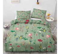 NOGAWA Wildflower Double Duvet Set - Floral Botanical Green Bedding Set - Reversible Quilt Cover & 2 Pillowcases with Zip and Ties, Ultra Soft and Non Iron Brushed Microfibre Bed Set 200 x 200
