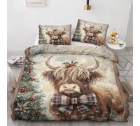 NOGAWA Xmas Highland Cow King Size Duvet Cover Sets - Christmas Bedding King - Reversible Quilt Cover & 2 Pillowcases with Zip and Ties, Ultra Soft and Non Iron Brushed Microfibre Bed Set