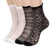 Nogeqi 4 Pair Ruffle Socks Women, Lace Ruffle Socks, Thin Frilly Socks Women with Mesh,Summer Ultra Thin Cool Frilly Ankle Socks for Women(Black White)