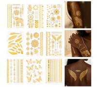 Nogeqi 9 Sheets Gold Temporary Tattoos, Metallic Glitter Tattoos for Women | Elaborate Floral Elephant Patterns Flash Tattoo Stickers for Women Girls Makeup Cosplay Festival Party Accessories