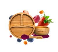 nohla ® - Bamboo Baby & Toddler Suction Plate, Bowl & Silicone Spoon Weaning Set - Suction Ring for Secure Grip on Smooth Surfaces - Eco-Friendly, BPA-Free - Cherry