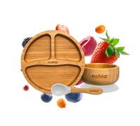 nohla ® - Bamboo Baby & Toddler Suction Plate, Bowl & Silicone Spoon Weaning Set - Suction Ring for Secure Grip on Smooth Surfaces - Eco-Friendly, BPA-Free - Grey