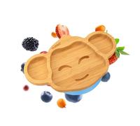 nohla ® - Milo The Monkey - Bamboo Baby Weaning Suction Plate - 16.7cm x 26cm - Spill-Proof Suction Base - Ideal from 6 Months - 100% Bamboo & FDA Silicone - Organic & BPA-Free - Blue