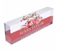 NOHSHE Personalized Custom Your Name Acrylic Desk Name Plate, Pink Floral Office Desk Business Card Holder for Women Coworkers, Nurse, Teacher Presents
