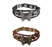 NOIAFZY 2pc Handmade Bohemian Style PU Leather Bracelet with Butterfly Pendant, Multi-Layer Ethnic Elements & Retro Unisex Design Jewelry