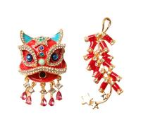 NOIAFZY 2PCS Elegant Red Lion Dance Brooch Pins - Adorned with Crystal Accents, Chinese-Inspired Design, Women's Decorative Brooches