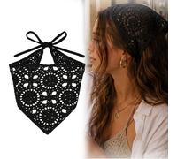 Noir Boho Crochet Head Scarf for Women - Black Tie Back Knit Bandana Headwrap with Vintage Floral Crochet Pattern, Lightweight Bohemian Hair Accessory for Festivals Holidays