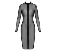 Noir Handmade F347 Half Length Dress Made of Fine Mesh, Knee-Length Mesh Dress with 2-Way Zip, Long Sleeves, Transparent Fine Mesh Stand-Up Collar Dress, black, M