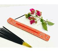 Noir Ink Handmade Wooden Incense Stick Holder Burner with Hand Painted Pattern/Ash Catcher for Incense Sticks and Joss Sticks/Great Gift for Any Occasion size 26cm Orange