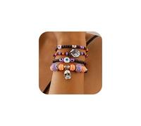 Nojess 4Pcs Halloween Stackable Bracelets Set Beaded Stretch Bracelets Skull Pumpkin Ghost Bat Spider Web Bracelet Holiday Accessories Jewelry Gifts, One Size, Alloy, no gemstone