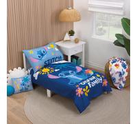 NoJo Disney S is for Stitch 4 Piece Toddler Bed Set Includes a Comforter, Fitted Bottom Sheet, Flat top Sheet, and Reversible Pillowcase. Features Fun