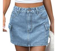 Nokiwiqis Women's Y2K Denim Cargo Mini Skirt High Waisted Stretchy Bodycon with Multi-Pockets Solid Color Trendy Short Skirt for Summer 2025 Popular Streetwear (Blue, M)