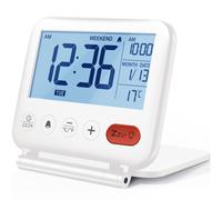 NOKLEAD Digital Travel Alarm Clock - Mini Portable LCD Display Clock with Backlight Calendar Temperature Snooze 12/24H Makeup Mirror, Small Folding Battery Operated Desk Clock for Kid Bedroom (White)