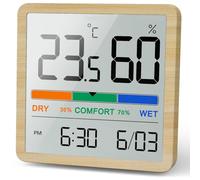 NOKLEAD Hygrometer Indoor Thermometer, Desktop Digital Thermometer with Temperature and Humidity Monitor, Accurate Humidity Gauge Room Thermometer with Clock (Wood Grain)