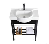 NOKTAI Bathroom Sink Ceramic Vanity Free-Standing Console Pedestal Laundry Tub Sinks Wash Basin Station Porcelain Vessel Round with Metal Legs Storage Shelf for Room Home