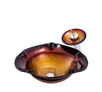NOKTAI Bathroom Vessel Sink with Faucet and Drain Combo, Countertop Bowl Tempered Glass Vanity On The Top Sink, Flower Shape,Red (Orange)