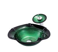 NOKTAI Bathroom Vessel Sink with Faucet and Drain Combo, Countertop Bowl Tempered Glass Vanity On The Top Sink, Flower Shape,Red (Green)