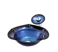 NOKTAI Bathroom Vessel Sink with Faucet and Drain Combo, Countertop Bowl Tempered Glass Vanity On The Top Sink, Flower Shape,Red (Blue)