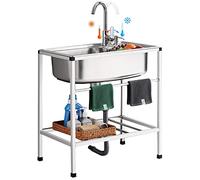 NOKTAI Outdoor Sink 304 Stainless Steel Utility Free Standing Kitchen Set with Storage Shelve Cold Hot Faucet for Laundry Room Backyard Garage