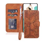 Nokverzy Mobile Phone Case for Huawei Mate 60 Pro Wallet Case Magnetic Kickstand Tree Butterfly Patterned Shockproof Cover Case for Huawei Mate 60 Pro Flip Case with Card Holder Wrist Strap Brown