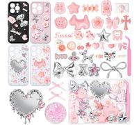 Noledome Junk Case Charms Kit - Pink-Silver Themed Flat Back Resin Pieces - Phone Decorations with Mirror and Tweezers - Kawaii Accessories for DIY Cute and Junk Phone Case, Jewelry, Nail Art, Shoes