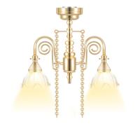 NOLITOY 1:12 Scale Miniature Dollhouse Chandelier, Gold Metal Double-Headed Floral Ceiling Light, Vintage Mini Pendant Lamp for Doll House Victorian Room Box Lighting Decor Accessories, 1pc
