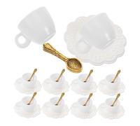 NOLITOY 10 Sets Realistic Miniature Coffee Cup Set White Dollhouse Mug Tiny Plastic Cups With Saucers And Metal Spoons Doll Kitchen Accessories For Kids Role Playing DIY Crafts