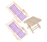 NOLITOY 12 Scale Dollhouse Miniature Beach Chairs and Foldable Table Set, Purple Stripe Lounge Chairs Folding Beach Table for Dollhouse Furniture Decor