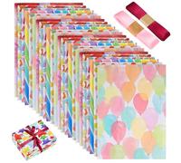 NOLITOY 24Pcs Thick Birthday Wrapping Paper Sheets with 4Pcs 2M Colorful Ribbons Set for Men Boys Wrapping Party Decorations
